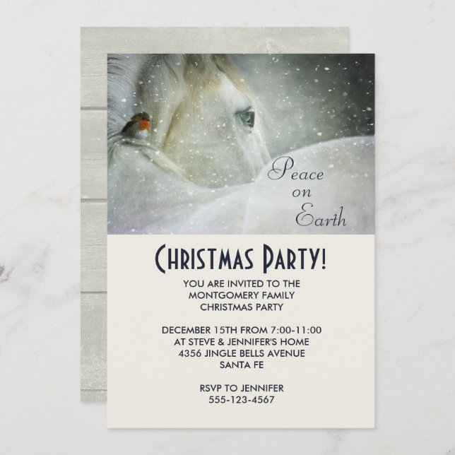 White Horse and Bird in Winter Christmas Party Invitation (Front/Back)
