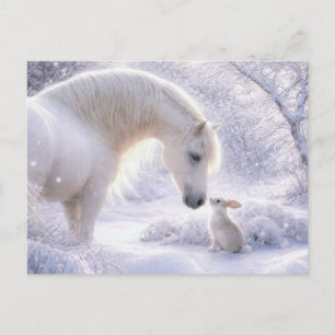 White Horse and Bunny Snow Christmas Holiday Postcard