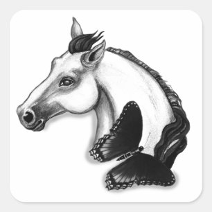White Horse and Butterfly Design Square Sticker