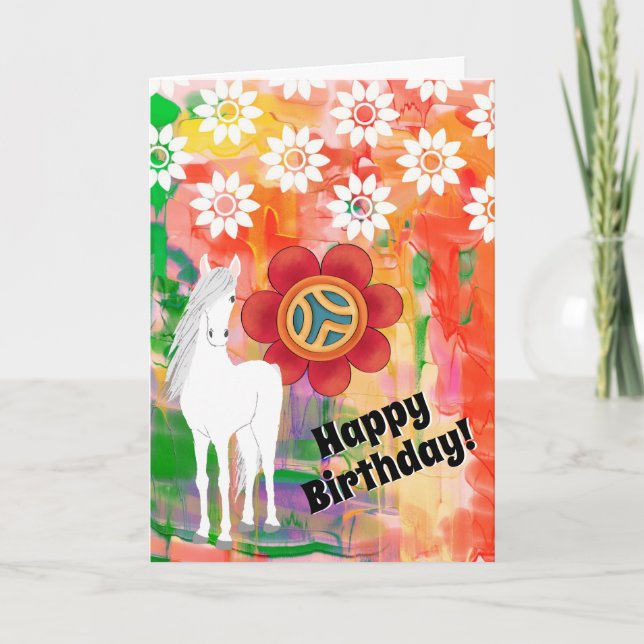 White Horse and Flowers Colourful Birthday Card (Front)