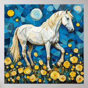 White horse and flowers poster