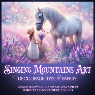 White Horse and Girl in Lavender Meadow Decoupage Tissue Paper