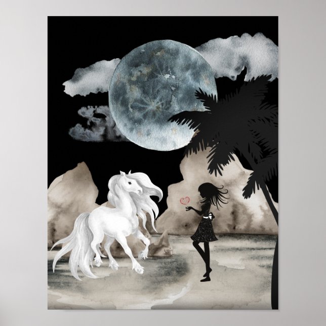 White Horse and Girl with Heart Full Moon Beach Poster (Front)