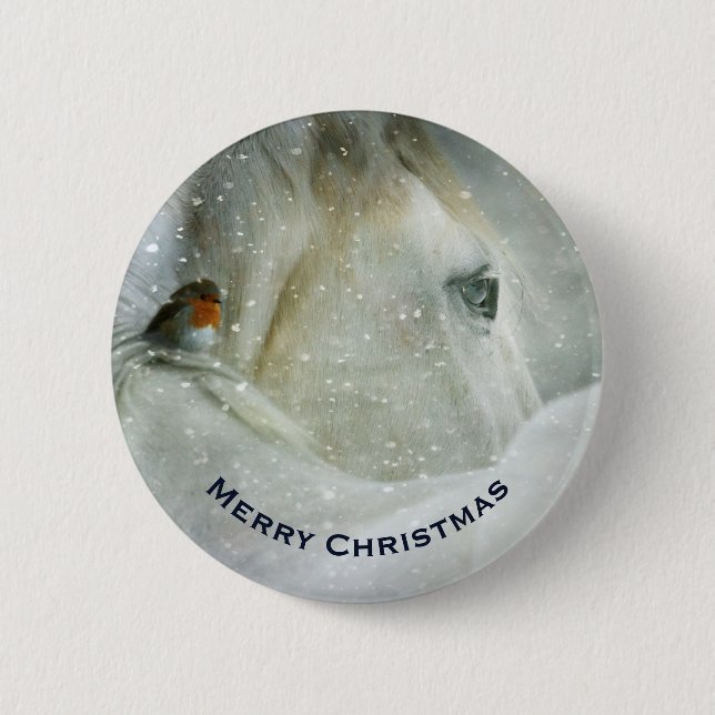 White Horse & Bird in a Winter Snowfall Christmas 6 Cm Round Badge (Front)