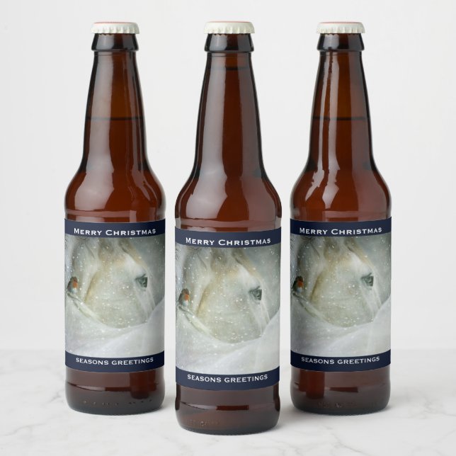White Horse & Bird in a Winter Snowfall Christmas Beer Bottle Label (Bottles)