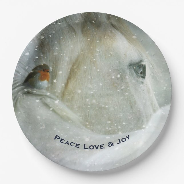 White Horse & Bird in a Winter Snowfall Christmas Paper Plate (Front)