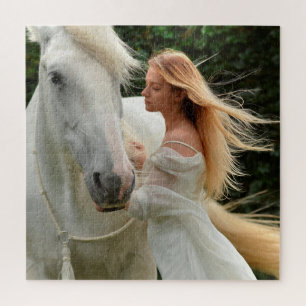 White Horse Blonde Girl Wind In Your Hair Difficul Jigsaw Puzzle
