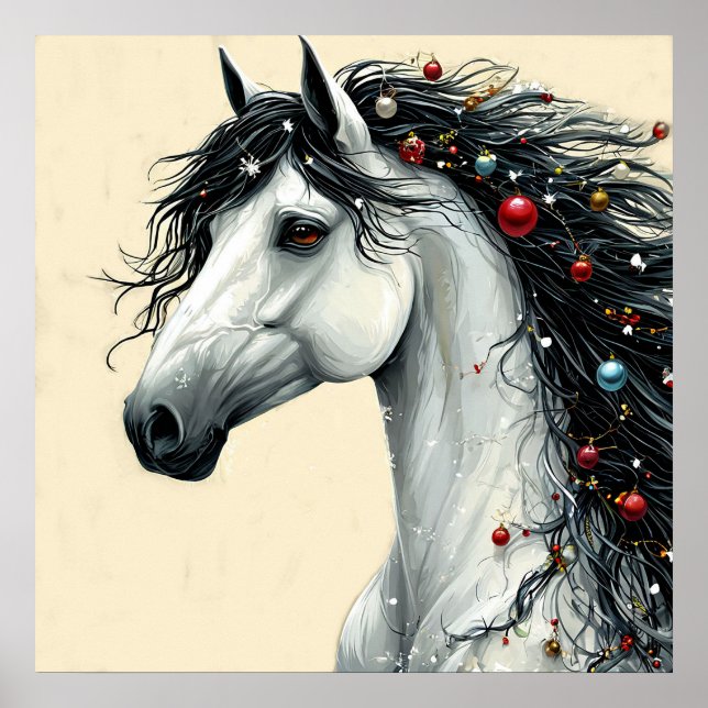 🎄 White Horse Christmas Ornament Mane Winter Art  Poster (Front)