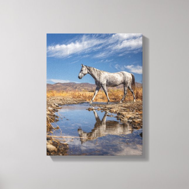 White Horse Desert Pond Reflection Art Canvas Print (Front)