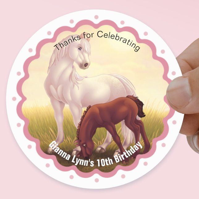 White Horse Foal Birthday Party Thank You Classic Round Sticker (Creator Uploaded)