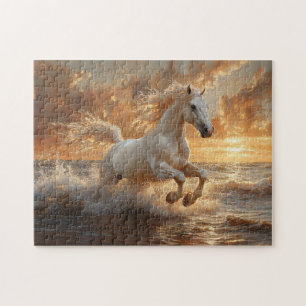 White Horse Galloping Through Ocean Waves Jigsaw Puzzle