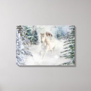White Horse Galloping through snow covered Pine Canvas Print