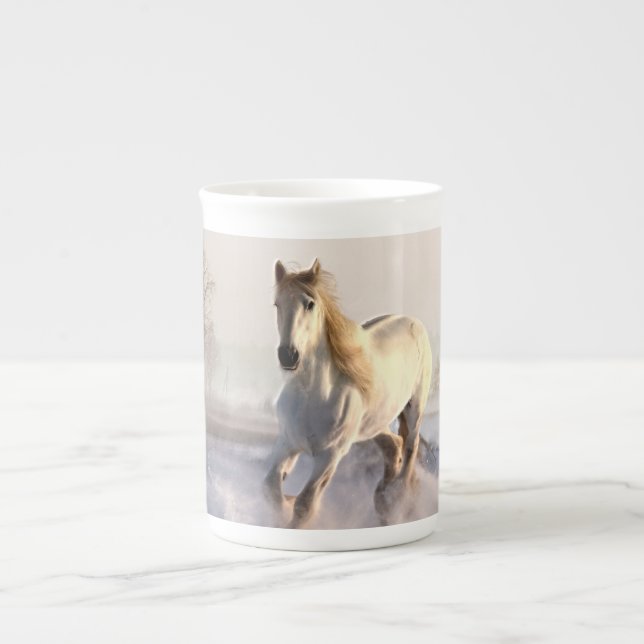 White Horse Galloping Through the Winter Snow Bone China Mug (Front)