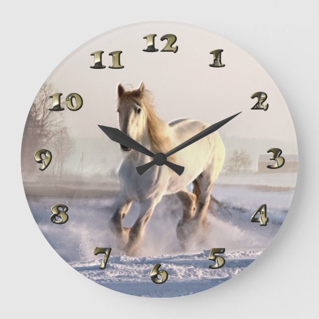 White Horse Galloping Through the Winter Snow Large Clock (Front)