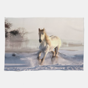 White Horse Galloping Through the Winter Snow Tea Towel