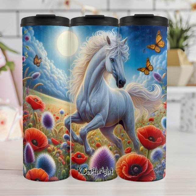 White Horse Galloping Under Moonlight Thermal Tumbler (Creator Uploaded)