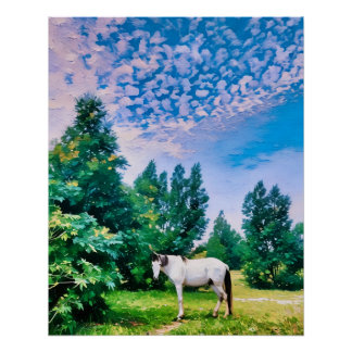 White Horse Grazing in Serene Green Meadow Poster
