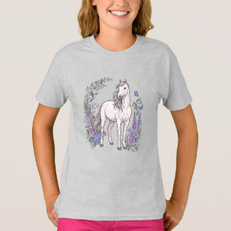 White Horse Hydrangeas Hummingbird Floral T-Shirt