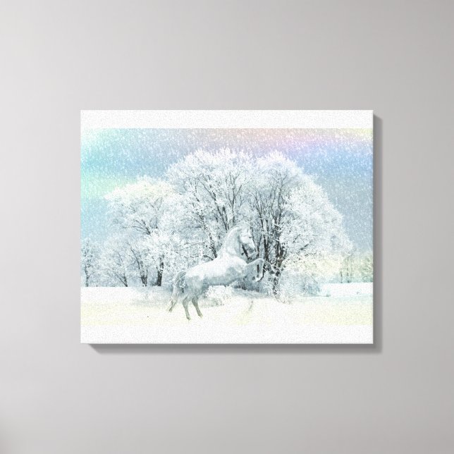 White Horse in a Snow Storm Dramatic Canvas Print (Front)