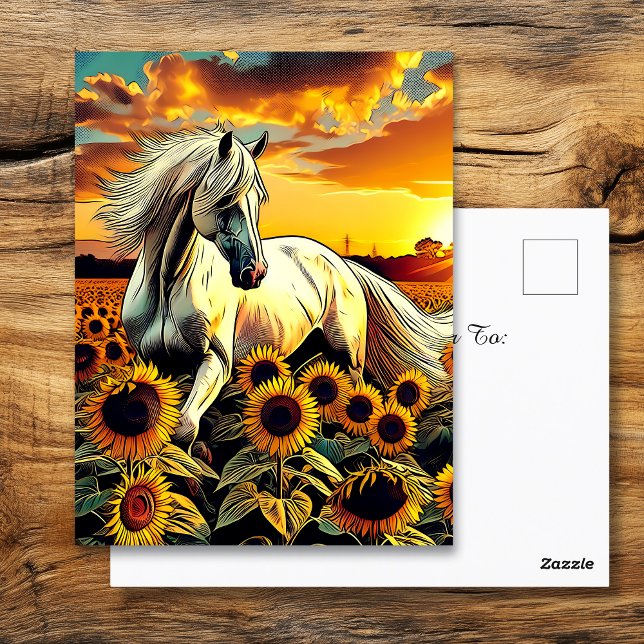 White Horse in Field of Sunflowers at Sunset Postcard (Creator Uploaded)