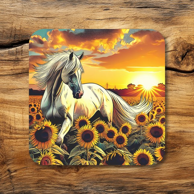 White Horse in Field of Sunflowers at Sunset Square Sticker (Creator Uploaded)