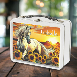 White Horse in Field of Sunflowers Personalised Metal Lunch Box