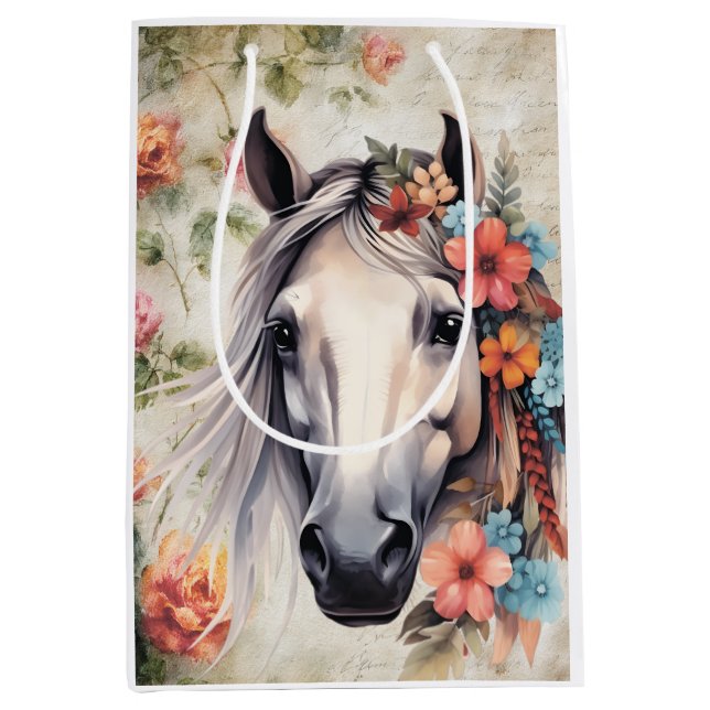  White horse in flowers. Medium Gift Bag (Front)