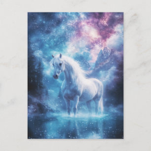 White Horse in Galaxy Lake with Nebula Night Sky Postcard
