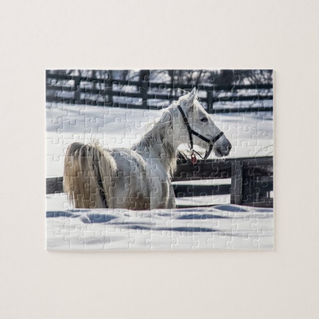 White Horse In Snow Jigsaw Puzzle (Horizontal)