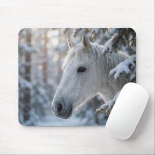 White Horse In Snowy Pine Tree Mouse Pad