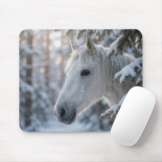 White Horse In Snowy Pine Tree Mouse Pad (With Mouse)