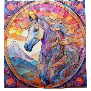 White Horse in Stained Glass  Shower Curtain