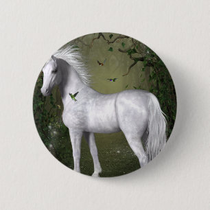 White Horse in the Woods with Hummingbirds 6 Cm Round Badge