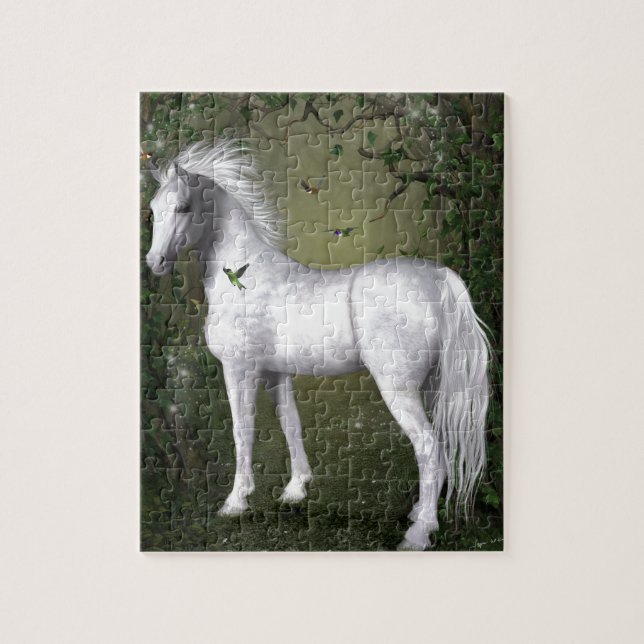 White Horse in the Woods with Hummingbirds Jigsaw Puzzle (Vertical)