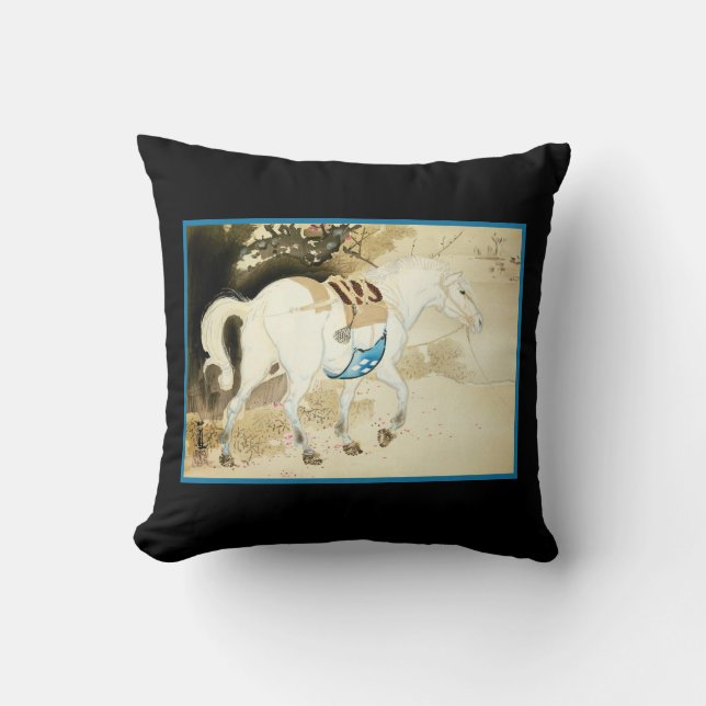 White Horse Japanese Woodblock Art chic Decor Cushion (Front)