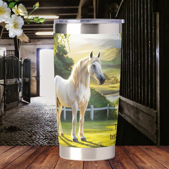 White Horse Landscape Painted Equine Insulated Tumbler (Thermal tumbler featuring a painting of a white horse in a hilly landscape - equine - equestrian)