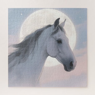 White Horse Moonlit Portrait Jigsaw Puzzle