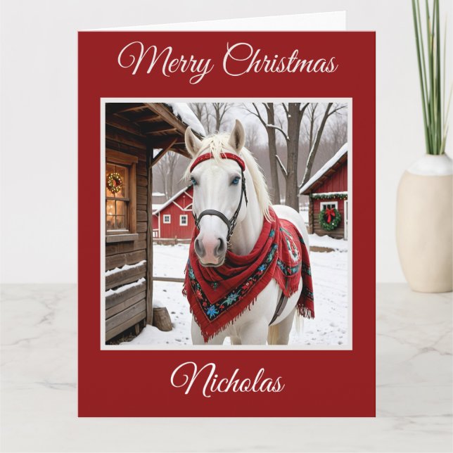White Horse on a Rustic Farm at Christmas Card (Front)