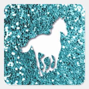 White Horse on Aqua Glitter Look Square Sticker