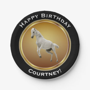 White Horse on Faux Gold Happy Birthday with Name Paper Plate