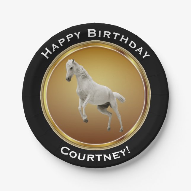 White Horse on Faux Gold Happy Birthday with Name Paper Plate (Front)