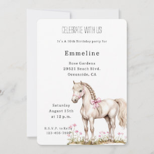 White Horse Pink Bow Floral Birthday Invitation
