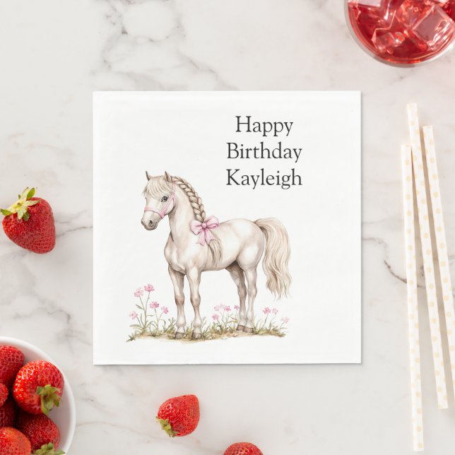 White Horse Pink Bow Floral Birthday Napkin (Insitu)