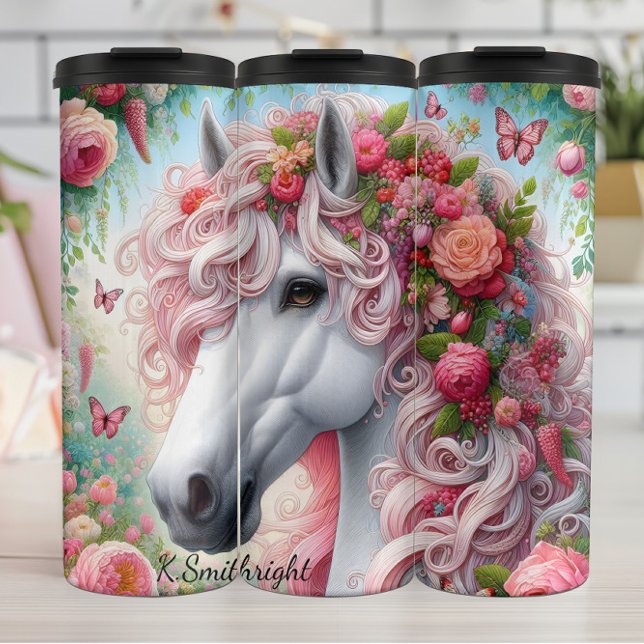 White Horse Pink Floral Fantasy Thermal Tumbler (Creator Uploaded)