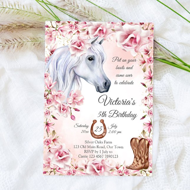 White horse pink flowers cowgirl birthday party invitation (Creator Uploaded)