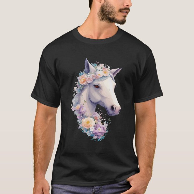 White Horse Portrait With Flowers Cow Horseback Ri T-Shirt (Front)