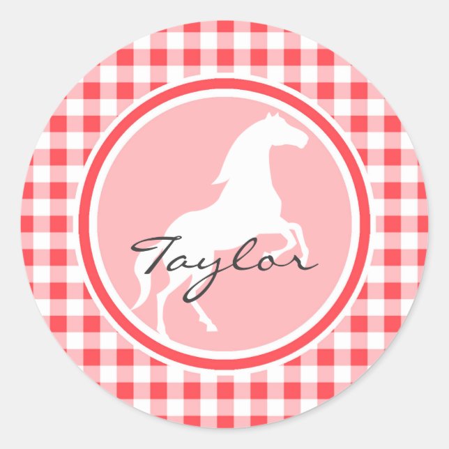 White Horse; Red and White Gingham Classic Round Sticker (Front)