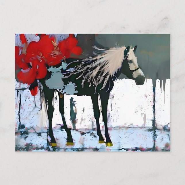 White Horse Red Flowers Postcard (Front)