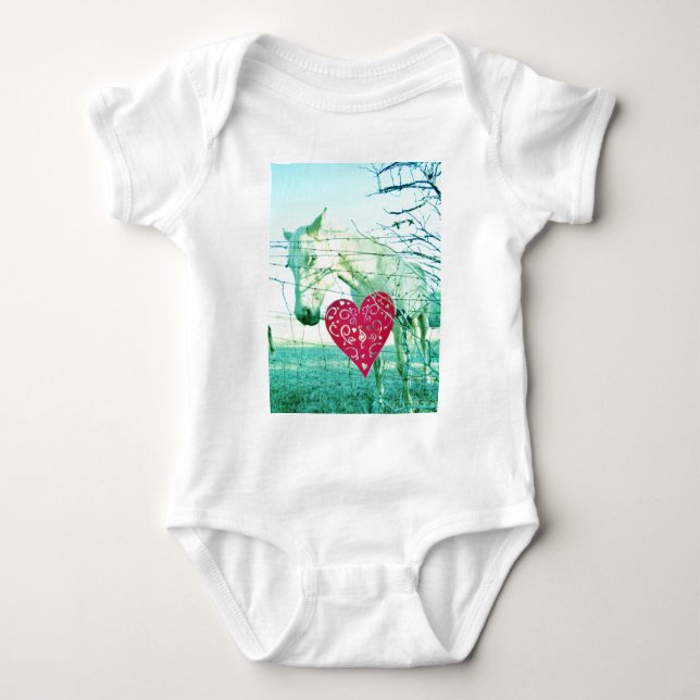 White Horse Red Heart Valentine Baby Bodysuit (Front)