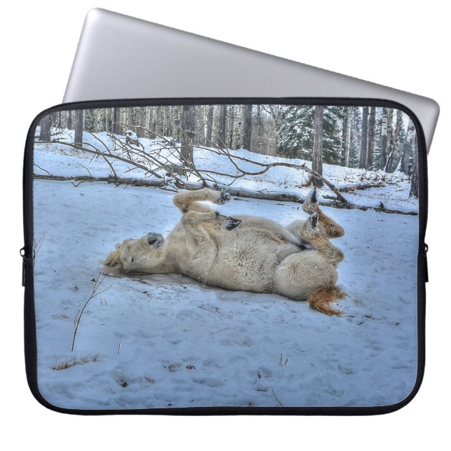 White Horse Rolling in Winter Snow Laptop Sleeve (Front)